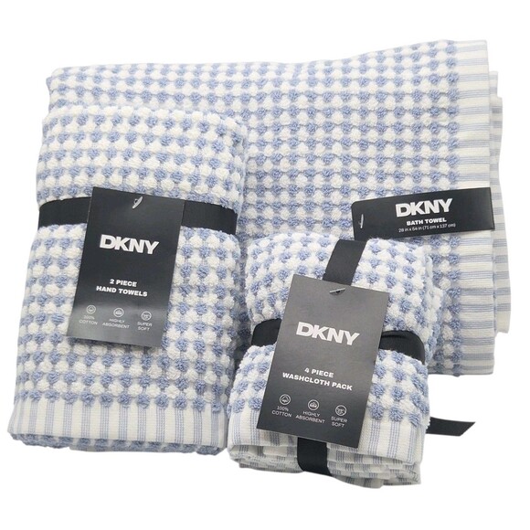 DKNY 8pc Cotton Towel Set‎ 2 Bath 4 Wash 2 Hand  Blue And White Monet Tile - Picture 2 of 14